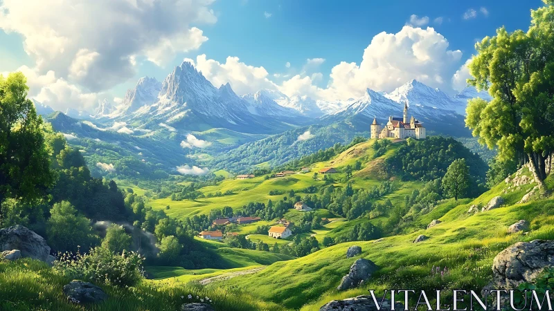 Sunlit alpine valley with castle and snow-capped ridge panorama