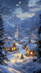 Snow-covered alpine village illuminated by festive winter lights