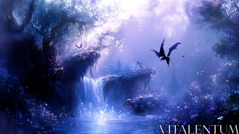 Enchanted violet forest with waterfall and soaring dragon.