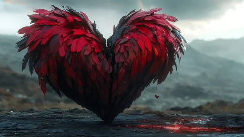 Luminous Heart: Crimson Wings Above Dark Terrain.
