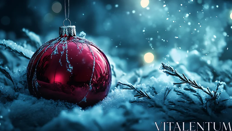 Crimson Christmas bauble dreaming in frosted midnight snow.
