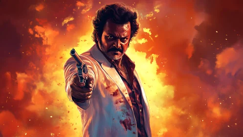 Digital painting of armed antihero amid explosive inferno backdrop.