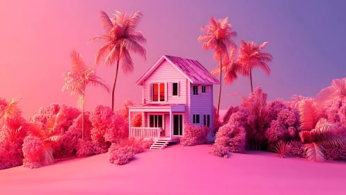 Pink Dream House Surrounded by Vibrant Tropical Paradise.