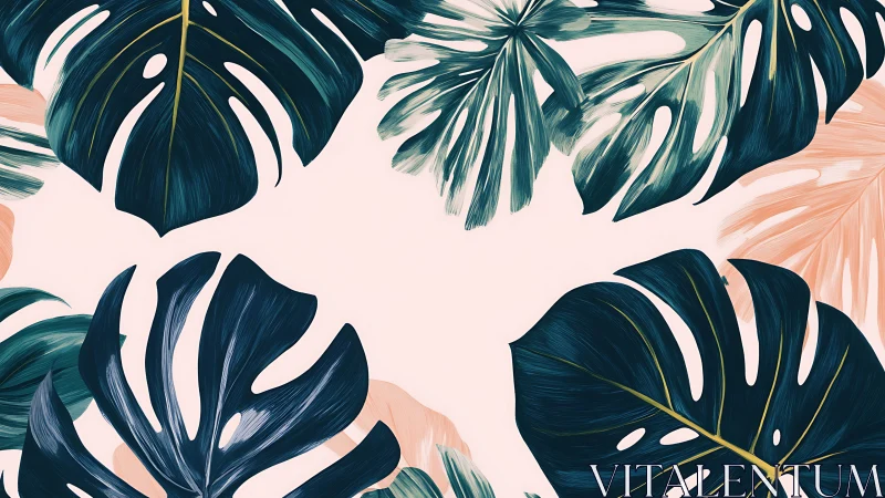 Tropical monstera foliage on blush ground, digital illustration.
