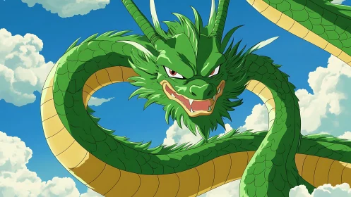 Green serpentine dragon rendered against clouded sky