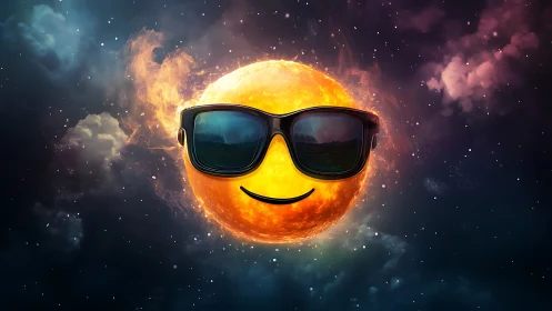 Cool cosmic sun with sunglasses and a playful smile.