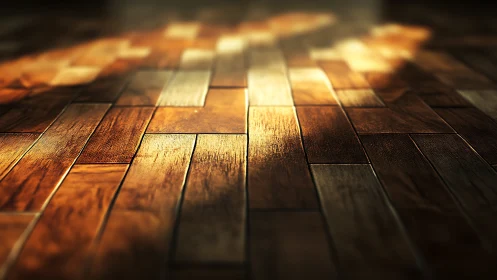 Photorealistic warm hardwood planks with cinematic depth of field.