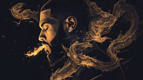 Profiled man exhaling flame with swirling luminous dragon forms