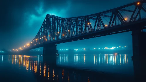 Steel truss bridge at night with neon cyan river reflections.