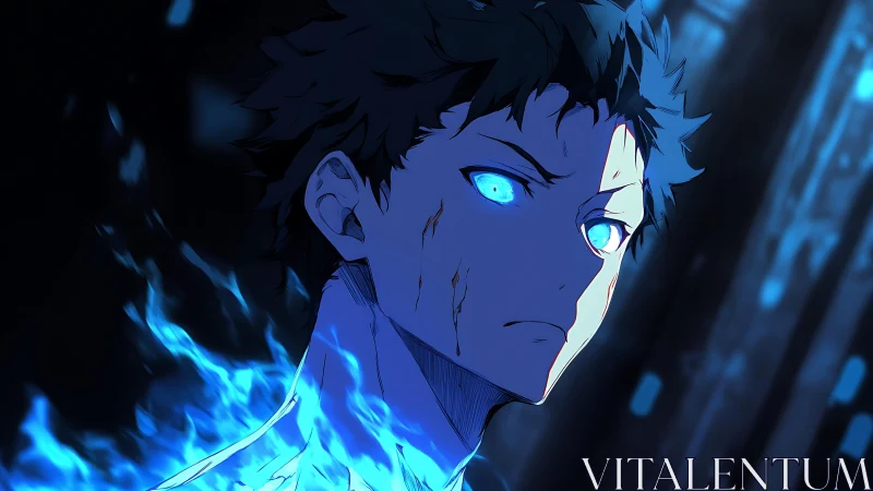 Blue flame warrior stares forward with glowing resolve