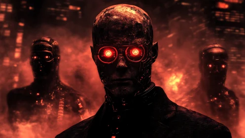 Cybernetic enforcer trio with red optical sensors in inferno haze