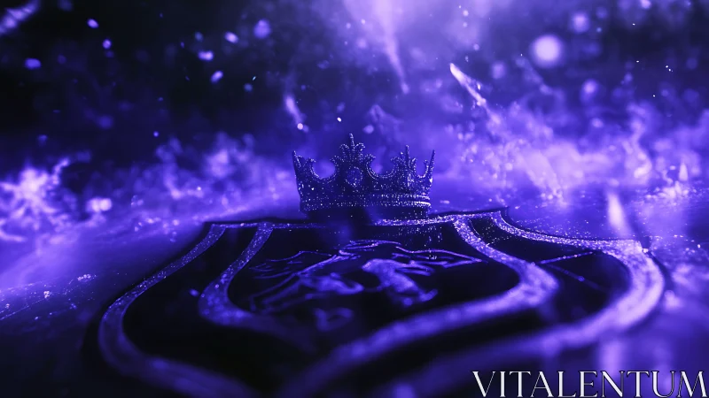 Regal crown rests over glowing violet royal crest emblem