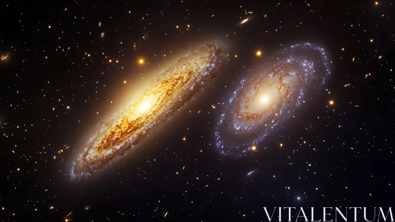 Galactic waltz of twin spirals in a jeweled cosmic ballroom.