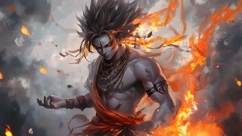 Fiery warrior deity amid swirling embers and gray storm clouds.