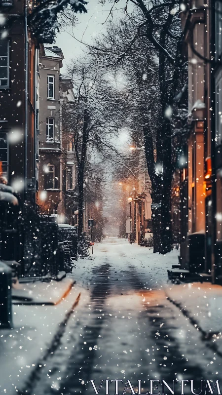 Snowy city street glows under warm evening lamplight.