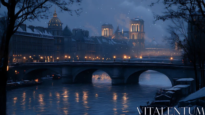 Nocturnal winter riverfront with illuminated cathedral skyline.