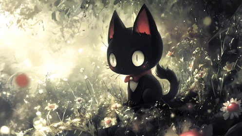 Wide-eyed black cat in glowing flower forest twilight.
