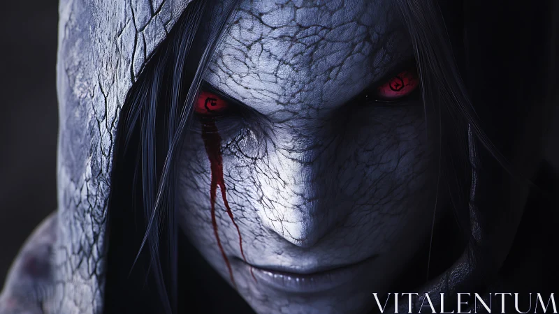 Demonic hooded portrait renders cracked skin and glowing eyes