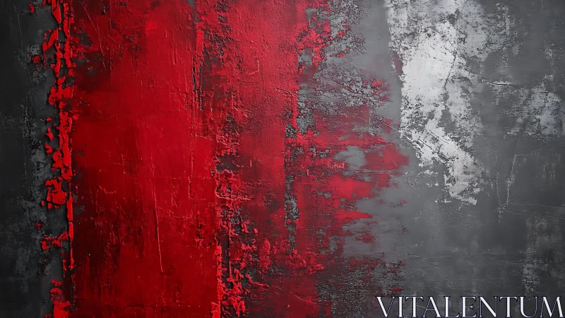 Abstract red and gray textured painting with bold vertical forms.