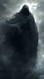 Hooded cloaked figure in dense mist with obscured background.