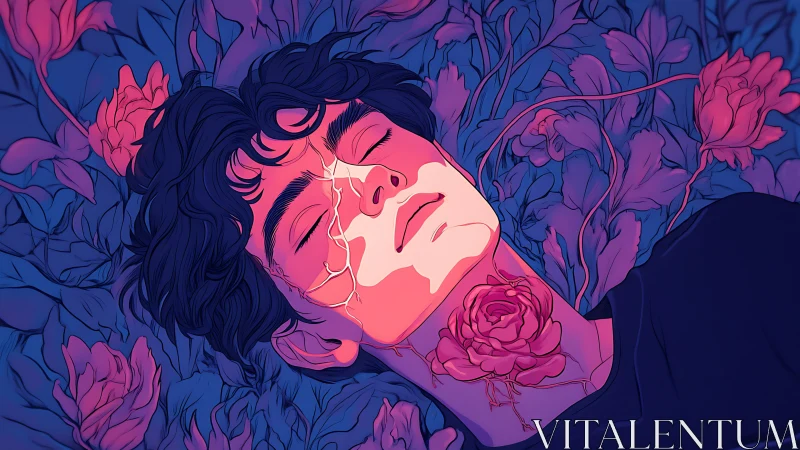 Male figure with cracked face lying among stylized flowers.