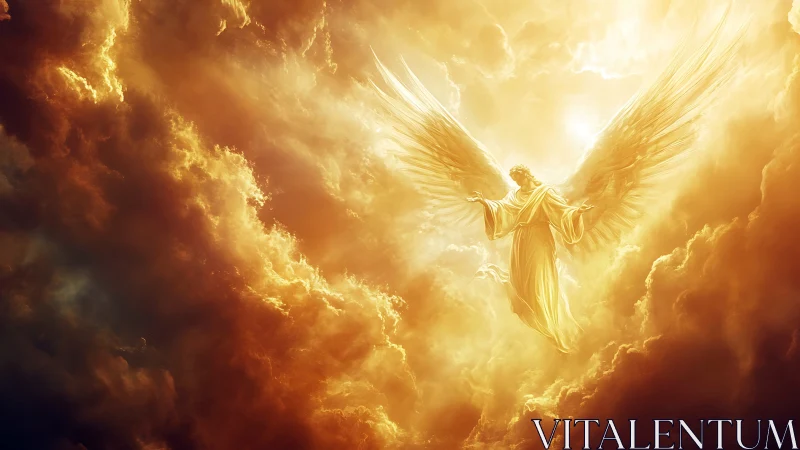 Radiant celestial angel ascending through luminous clouds.