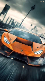 Storm-chasing orange supercar slashes through rain-slick streets.
