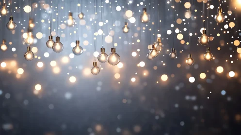 Suspended filament bulbs in atmospheric bokeh field composition.