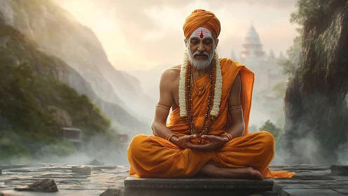 Meditating sage finds inner stillness in misty mountain valley
