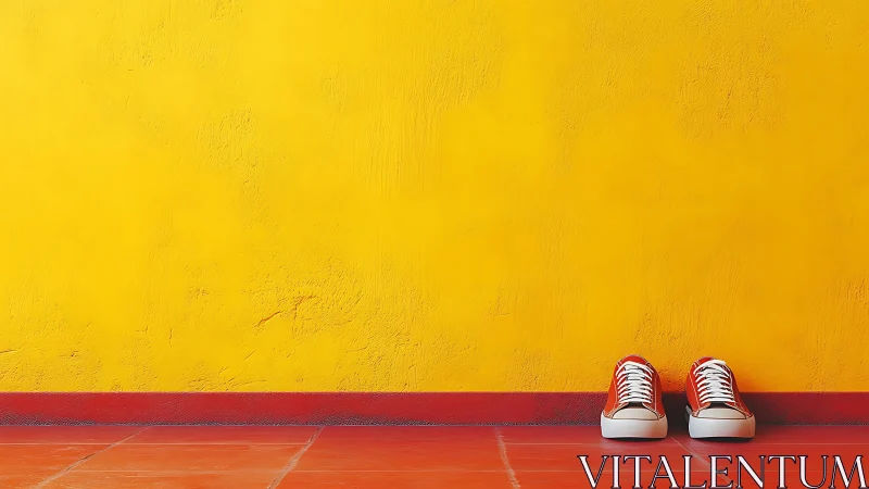 Minimalist red sneakers against textured yellow wall background.