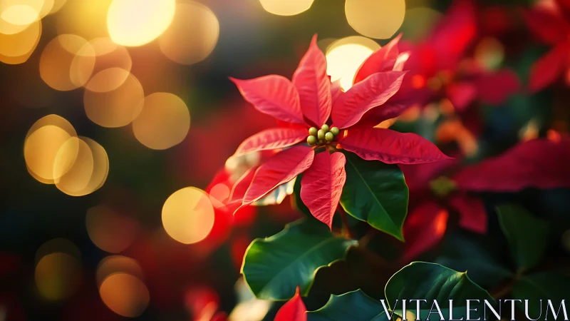 Luminous red poinsettia glows amid warm holiday bokeh.