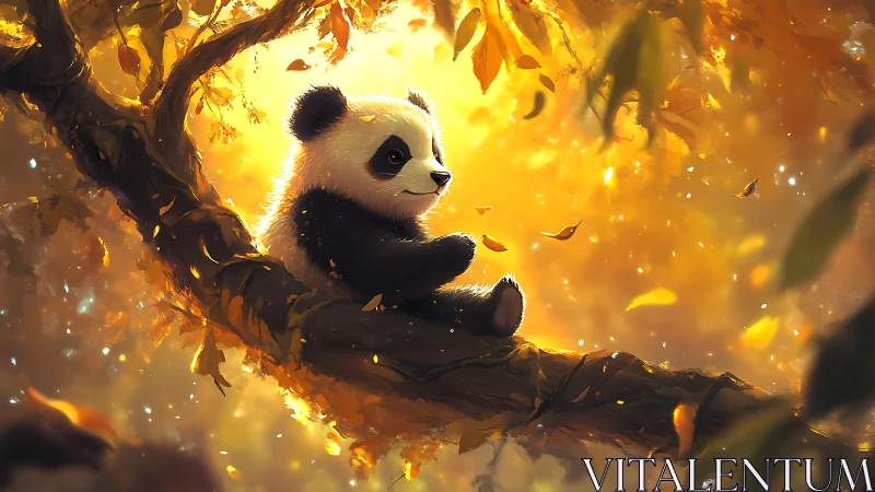 Sleepy panda basking in golden autumn forest light.