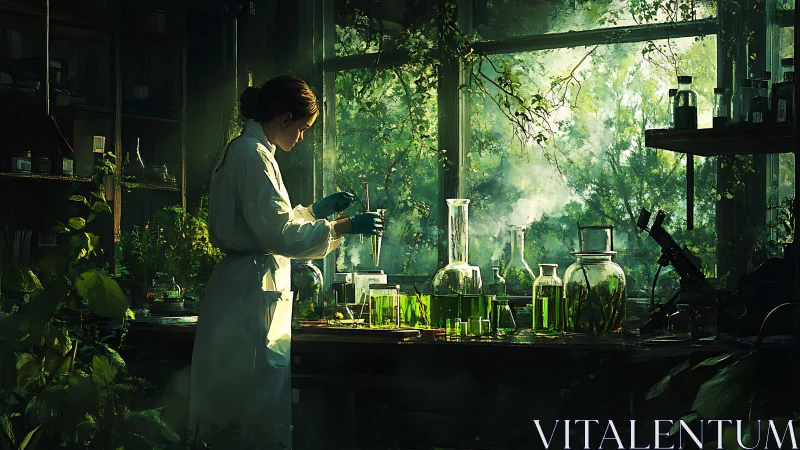Biologist in verdant lab merging science with overgrown nature.
