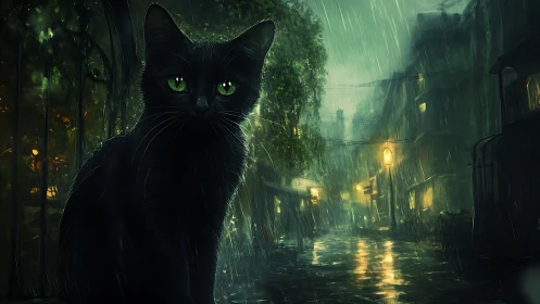Black Cat With Luminous Eyes Dominates Rain-Soaked Gothic Alley