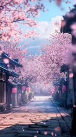 Lantern kissed lane under a drifting cherry blossom blizzard.