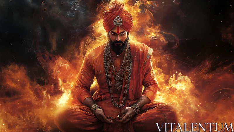 Fiery sage in meditation wrapped in glowing embers of power.