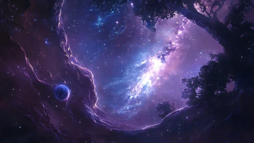 Cosmic canyon reveals glowing nebula beyond twisted trees