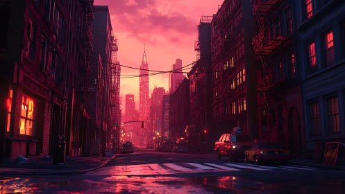 Neon dusk street frames glowing city skyline horizon.
