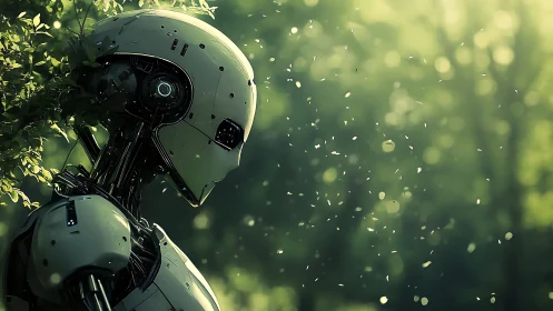Humanoid robot stands in profile against defocused forest background