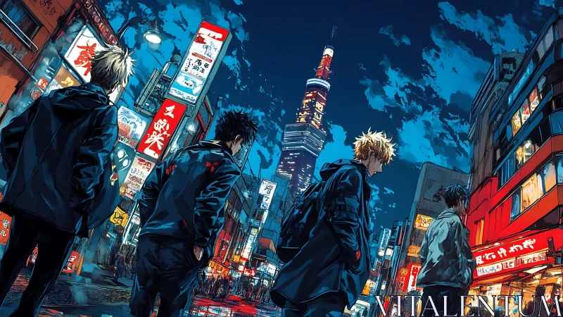 Four friends stand beneath neon towers in a moody city night
