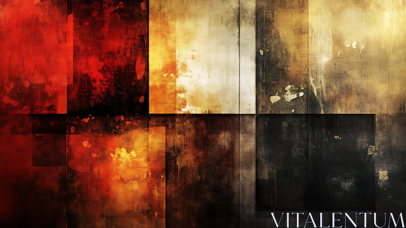 Abstract geometric painting with warm red, gold, and black tones.