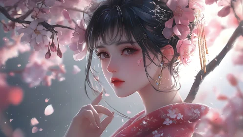 Portrait of anime woman in kimono under blooming blossoms