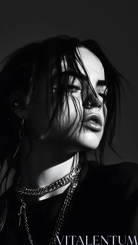 Moody monochrome portrait with dramatic chain details.
