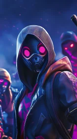 Hooded masked figure with neon visor in digital night scene.