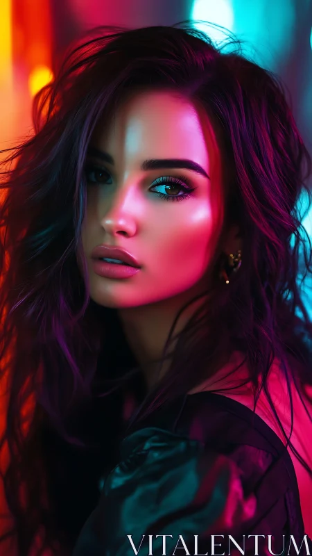 Neon-drenched muse drifting through electric twilight glow.