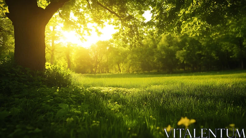 Golden morning light over a peaceful forest meadow.