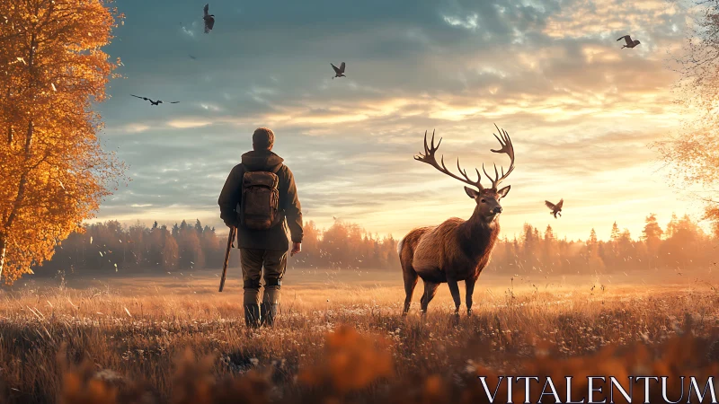 Human observer and stag stand in autumn field at sunrise