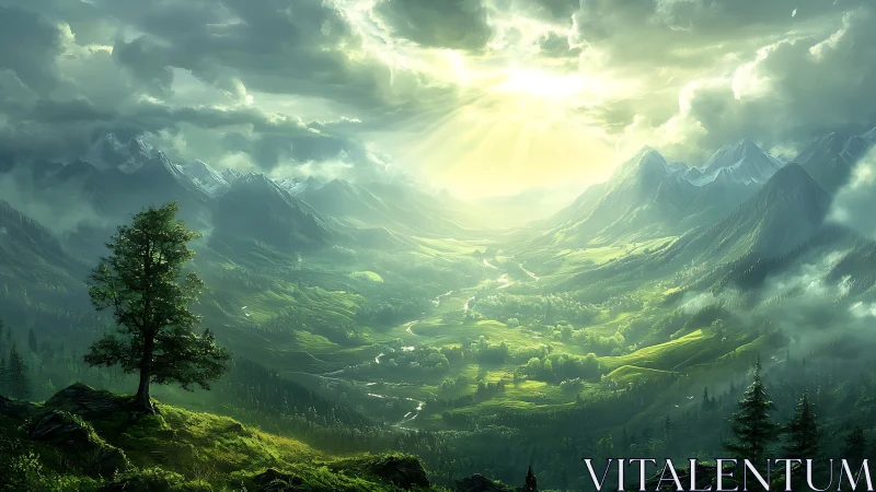 Sunlit alpine valley unfolds below dramatic storm clouds