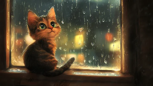 Ginger Tabby Cat Observing Rain Through Warmly-Lit Window at Night