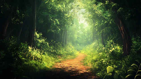 Forest path with canopy light filtering through dense vegetation.